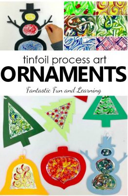 Kids will love exploring a new painting technique as they create tinfoil process art Christmas ornaments in this fun Christmas art project for kids.