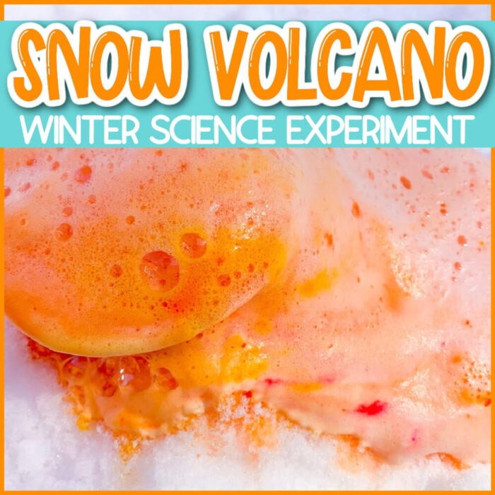 text overlay snow volcano winter science experiment for kids image of an orange baking soda and vinegar eruption in snow