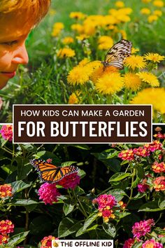 This may contain: a young boy looking at flowers with the words how kids can make a garden for butterflies