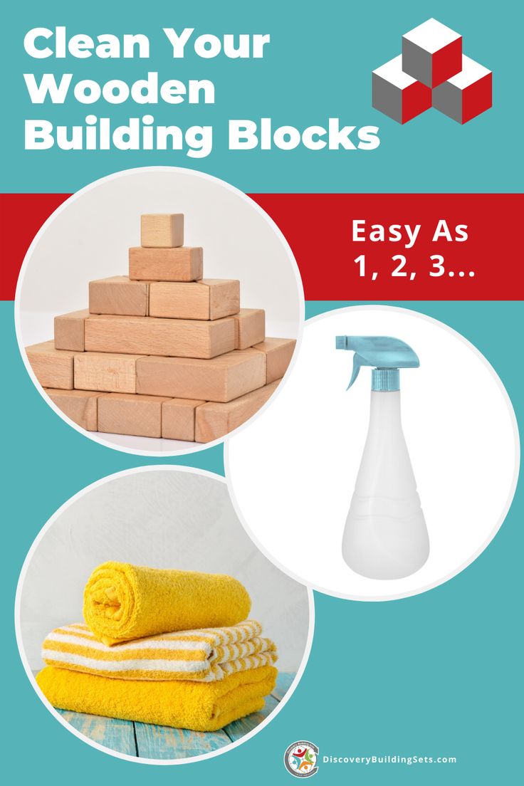 This may contain: the instructions for how to clean your wooden building blocks with sprayers and sponges