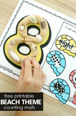 Free printable math activity to learn counting during summer beach theme and shell theme activities #preschool #kindergarten #playdough #math #freebie