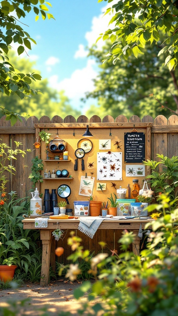A backyard nature exploration station with a wooden table displaying plants, tools, and educational materials.