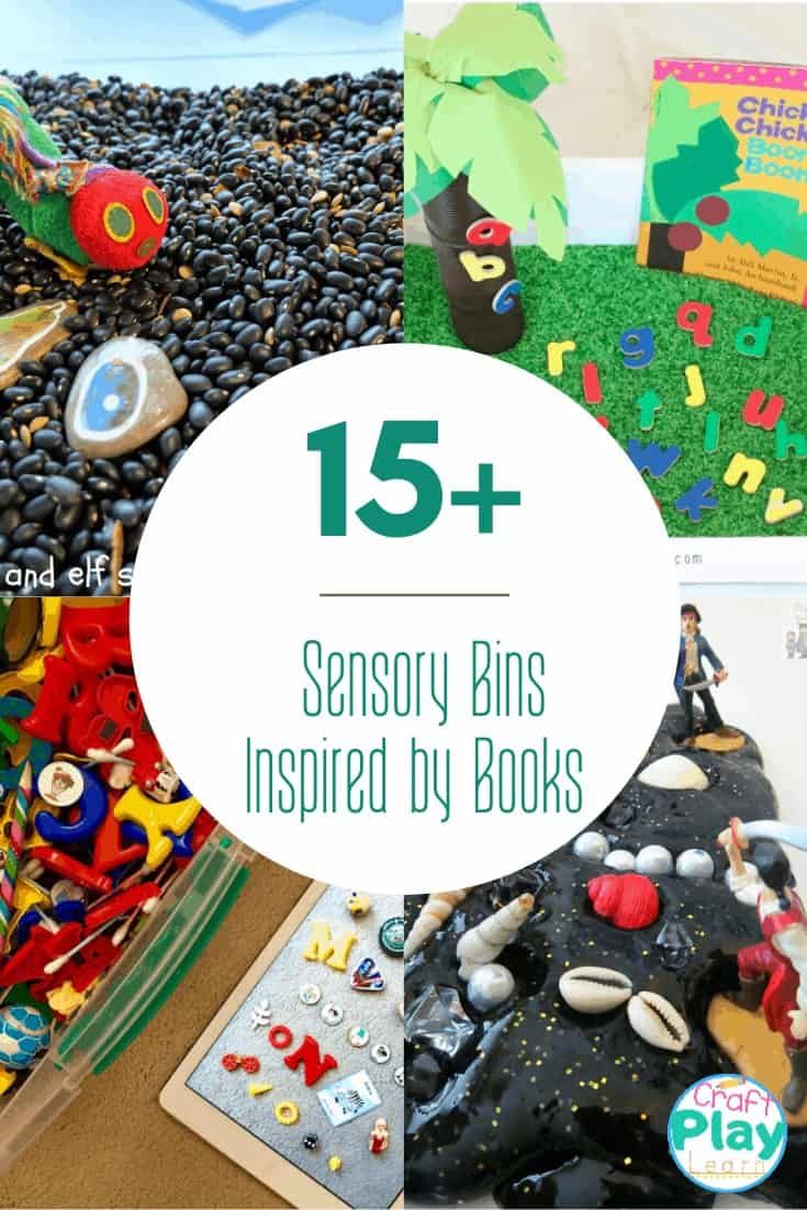 This may contain: children's books and toys with the title 15 + sensory bins inspired by books