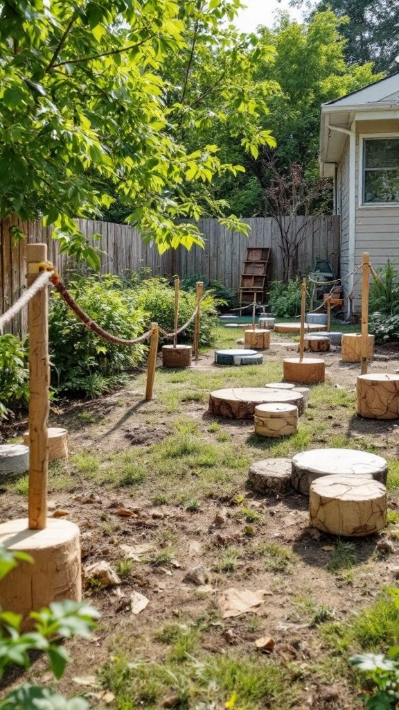 A backyard garden obstacle course with wooden logs and ropes for kids to jump and balance on.