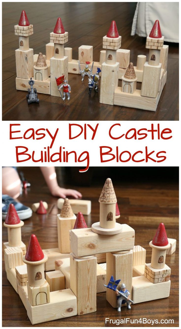 This may contain: wooden castle blocks with text overlay that says easy diy castle building blocks