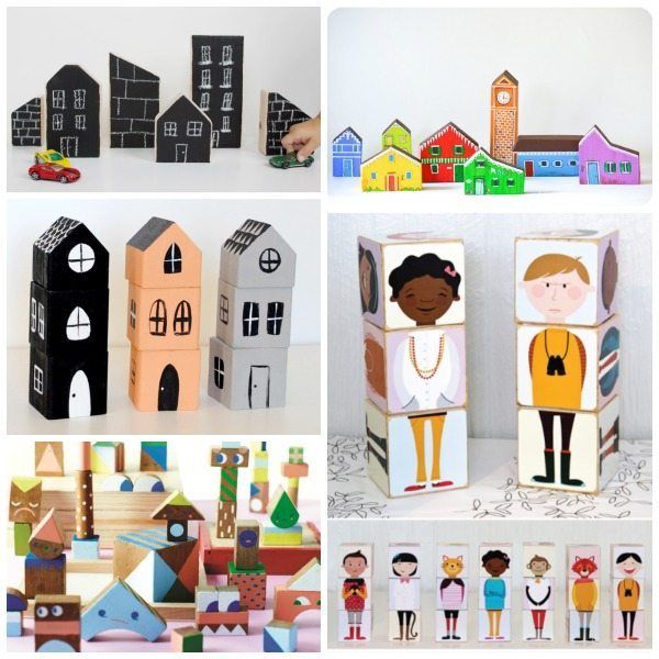 This may contain: several different types of wooden toys are shown in this collage, including houses and children's figures