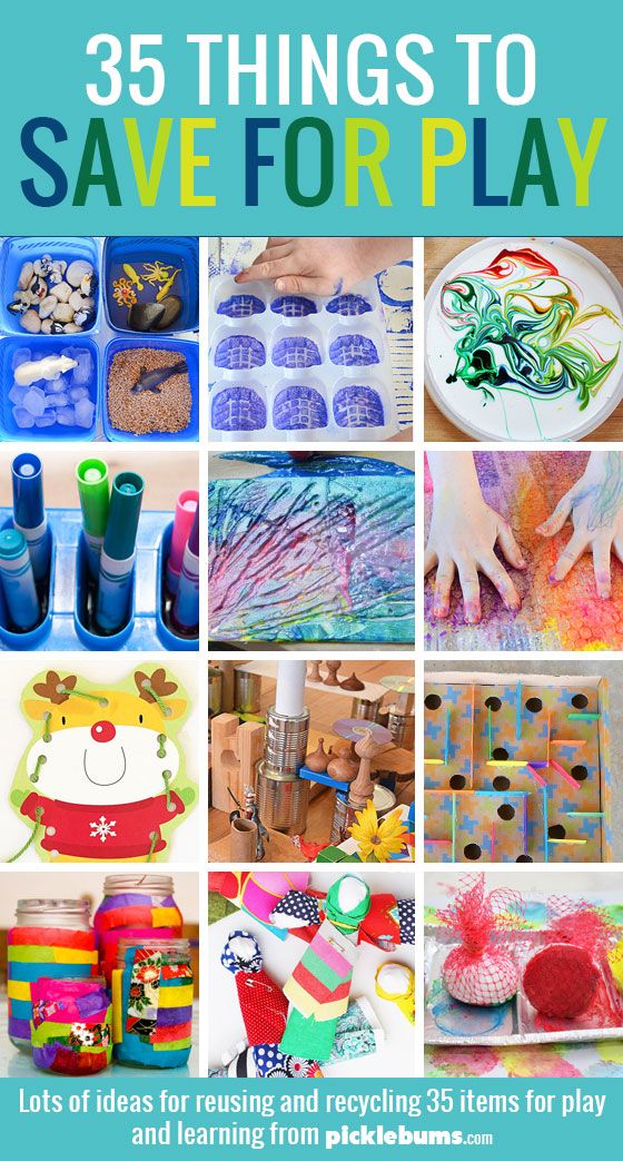 This may contain: the cover of 35 things to save for play, with images of children's crafts and
