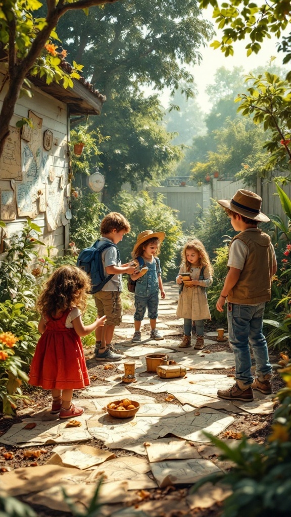 Children enjoying a treasure hunt in a backyard, surrounded by nature and playful clues.