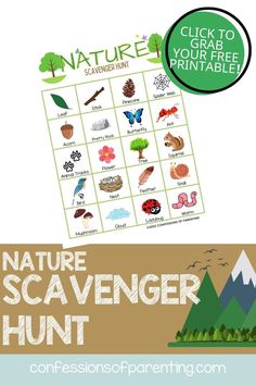 This may contain: nature scavenger hunt for kids with free printables