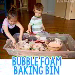BUBBLE FOAM BAKING BIN: A quick and easy toddler activity; a fun preschool activity; preschool sensory; toddler activity; indoor activity; sensory bin; making foam with kids; dramatic play; invitation to play; play-based learning from Busy Toddler