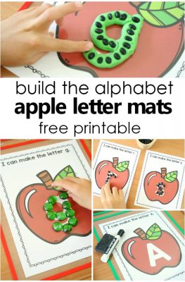 Build the Alphabet Apple ABC Letter Mats Free Printable Pre-Writing Activities for Preschool and Kindergarten Apple Theme Literacy Center Activities #preschool #kindergarten #alphabet