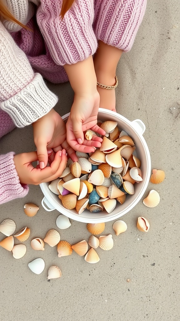 A child's hands holding shells with a bucket of more shells on the ground.
