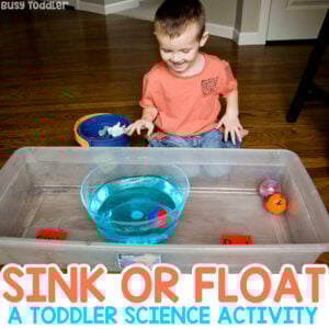SINK OR FLOAT: A quick and easy toddler science activity. This is a class toddler experiment that's fun for inside and outdoor learning. A fun learning activity for toddlers from Busy Toddler