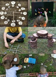 This may contain: two children playing with wooden blocks and numbers on the ground, while another child sits in front of them