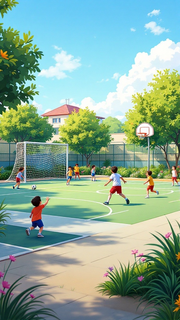 Kids playing soccer and basketball in a backyard sports area
