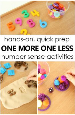 Hands-on, quick prep one more one less number sense activities for math small groups in preschool and kindergarten #math #preschool #kindergarten
