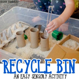 RECYCLED SENSORY BIN: A quick and easy toddler activity; toddlers will love this easy sensory bin activity; fun indoor activity; simple activitiy from Busy Toddler