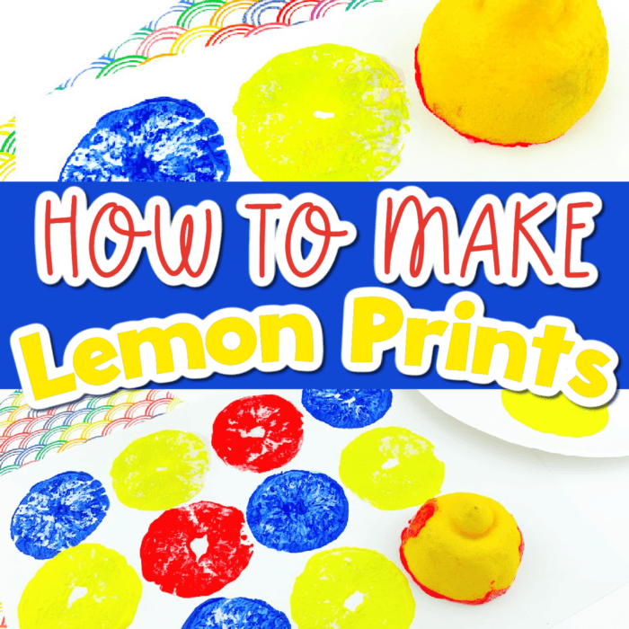 two photos showing how to make lemon prints using halved lemons and colorful paint.