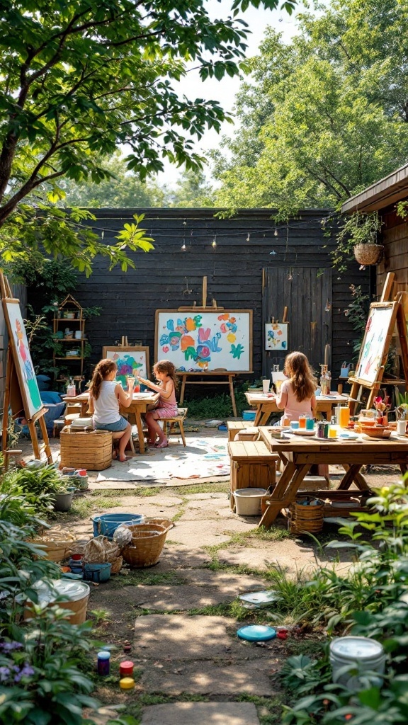 Children enjoying an art and craft corner in a backyard with easels, paints, and natural surroundings.