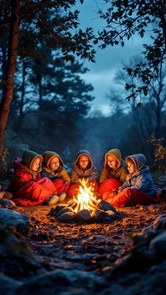 A group of children gathered around a campfire in a backyard setting, enjoying their camping experience.