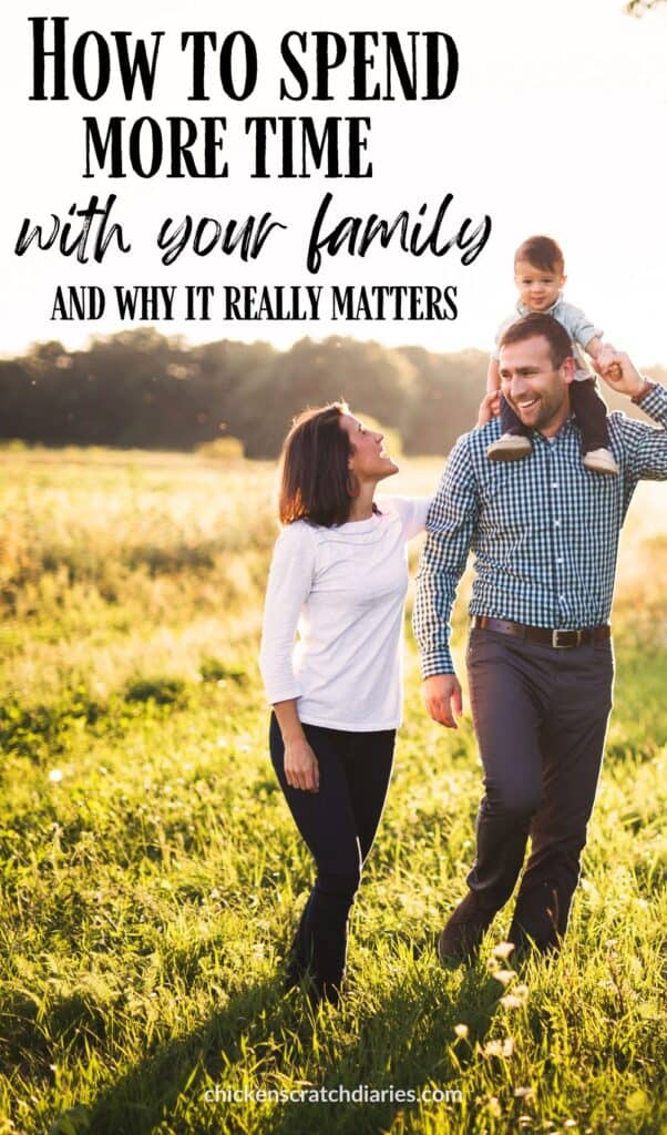 Young family walking in a field with text 