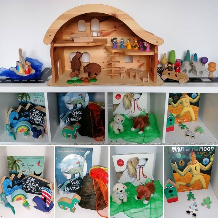 This may contain: a collection of wooden toys and books on a shelf