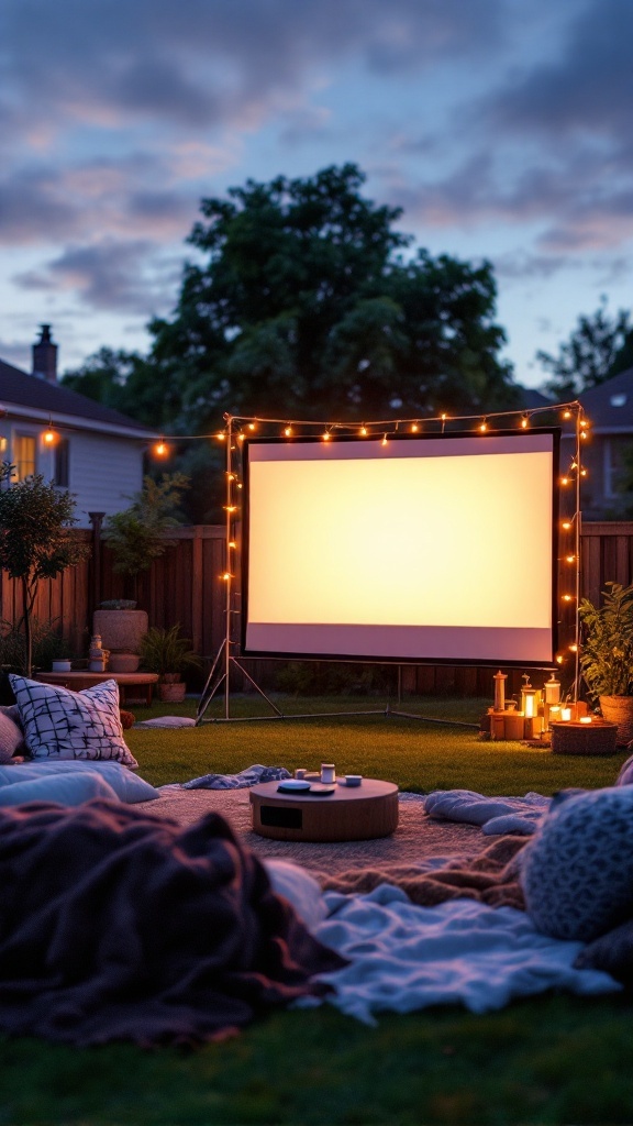 Backyard setup for an outdoor movie theater with a screen, cushions, and lights.