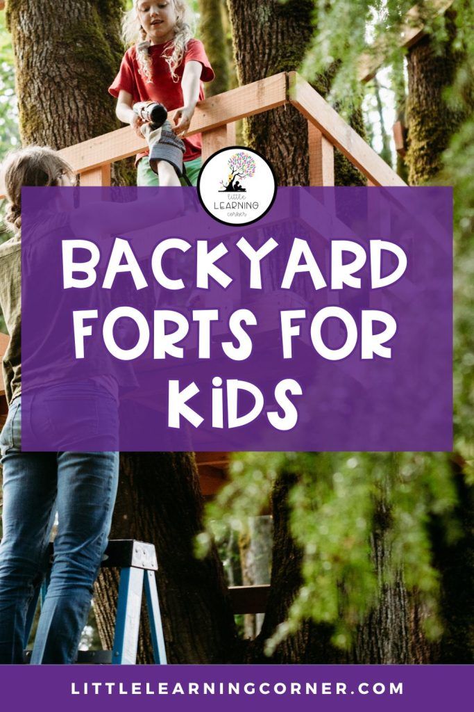 This may contain: two children playing in a tree house with text overlay reading backyard forts for kids