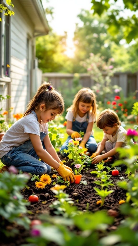 Children planting flowers and vegetables in a backyard garden area