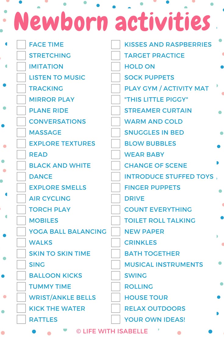 This may contain: the new born activities list is shown in pink, blue and white with polka dots
