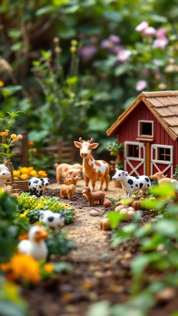 A miniature farm scene with various toy animals, a red barn, and colorful plants.