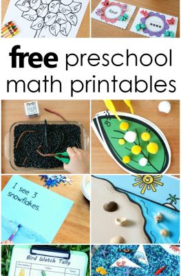 free preschool and kindergarten math printables with activities for counting, measurement, addition and more