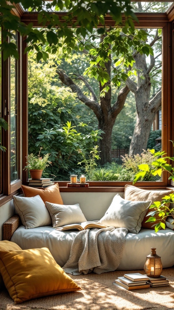 A cozy reading nook surrounded by nature with cushions, a blanket, and sunlight streaming through large windows.