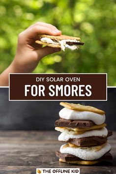 This may contain: a stack of marshmallows on top of each other with the words diy solar oven for smores