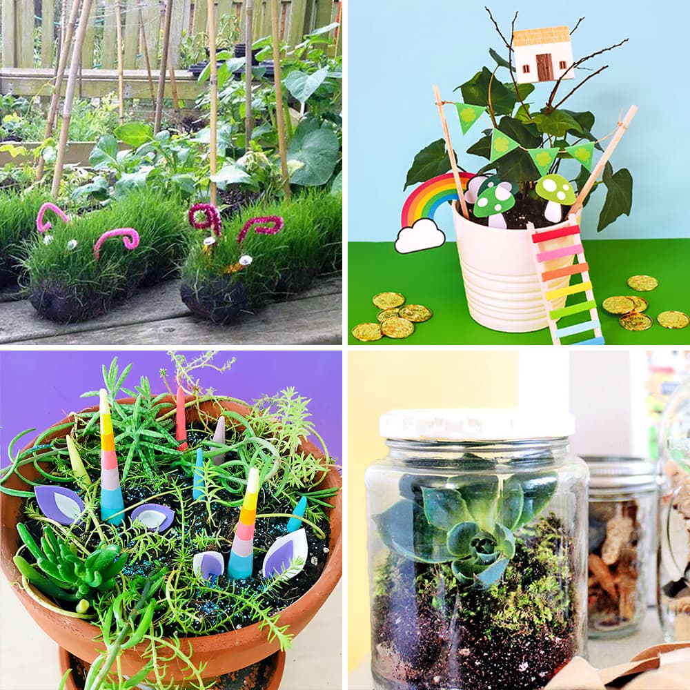 A collage of four kids spring indoor gardening