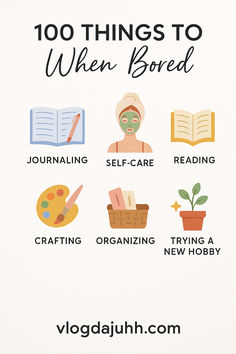 This contains: Feeling bored? This list has 100 creative, relaxing, and productive things to do when you need a little pick-me-up — no scrolling required!
#thingstodo #beatboredom #funactivities #creativeideas #boredombusters