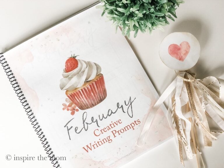 February Writing Prompts Journal cover. www.inspirethemom.com