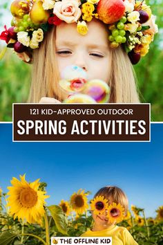 This may contain: a girl with sunflowers and flowers on her head blowing bubbles in the air