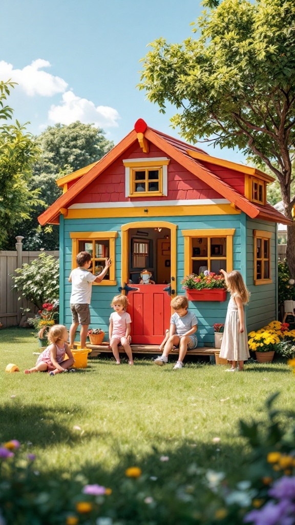 A colorful backyard playhouse with kids playing around it.