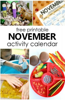 Free Printable November Activity Calendar with Fun Things to Do with Kids. Playful learning activities for preschoolers #preschool #kidsactivities #thanksgiving #freeprintable
