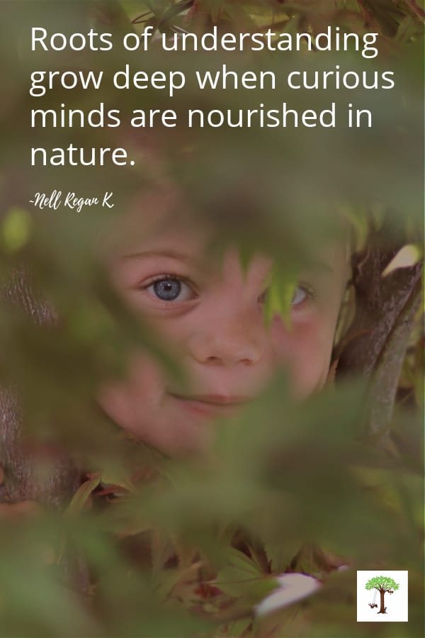 Outdoor learning ideas and nature activities - kid in tree peeking through leaves with quote, 