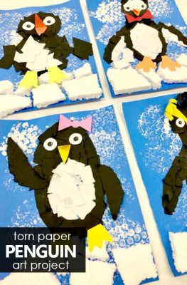 Torn paper penguin craft. Winter art project for kids