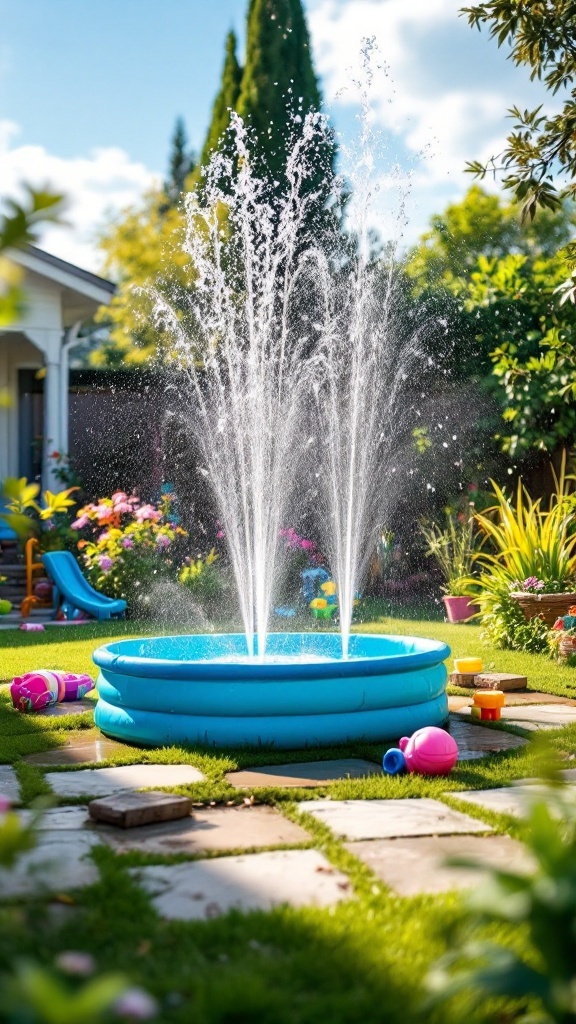 A backyard water play zone featuring a blue inflatable pool with fountains, surrounded by toys and plants.