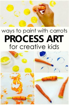 Painting with Carrots Open-Ended Art Activity. Art project for Easter, Spring, or Vegetable theme activities in preschool and kindergarten #preschool #kindergarten #spring #easter #kidart #processart
