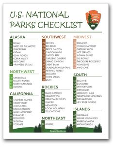 This contains an image of: US National Park Checklist & Color Map - Laminated & Double Sided - Ultimate list of 63 National Parks