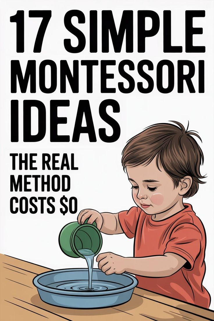This may contain: a little boy pouring water into a bowl with the words 17 simple montessori ideas