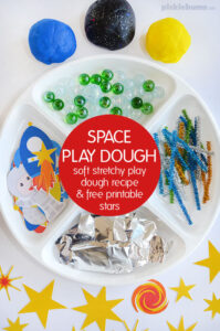 Space Place Dough! Try out soft stretchy space play dough recipe and our free printable star accessories, plus more space themed play dough ideas!