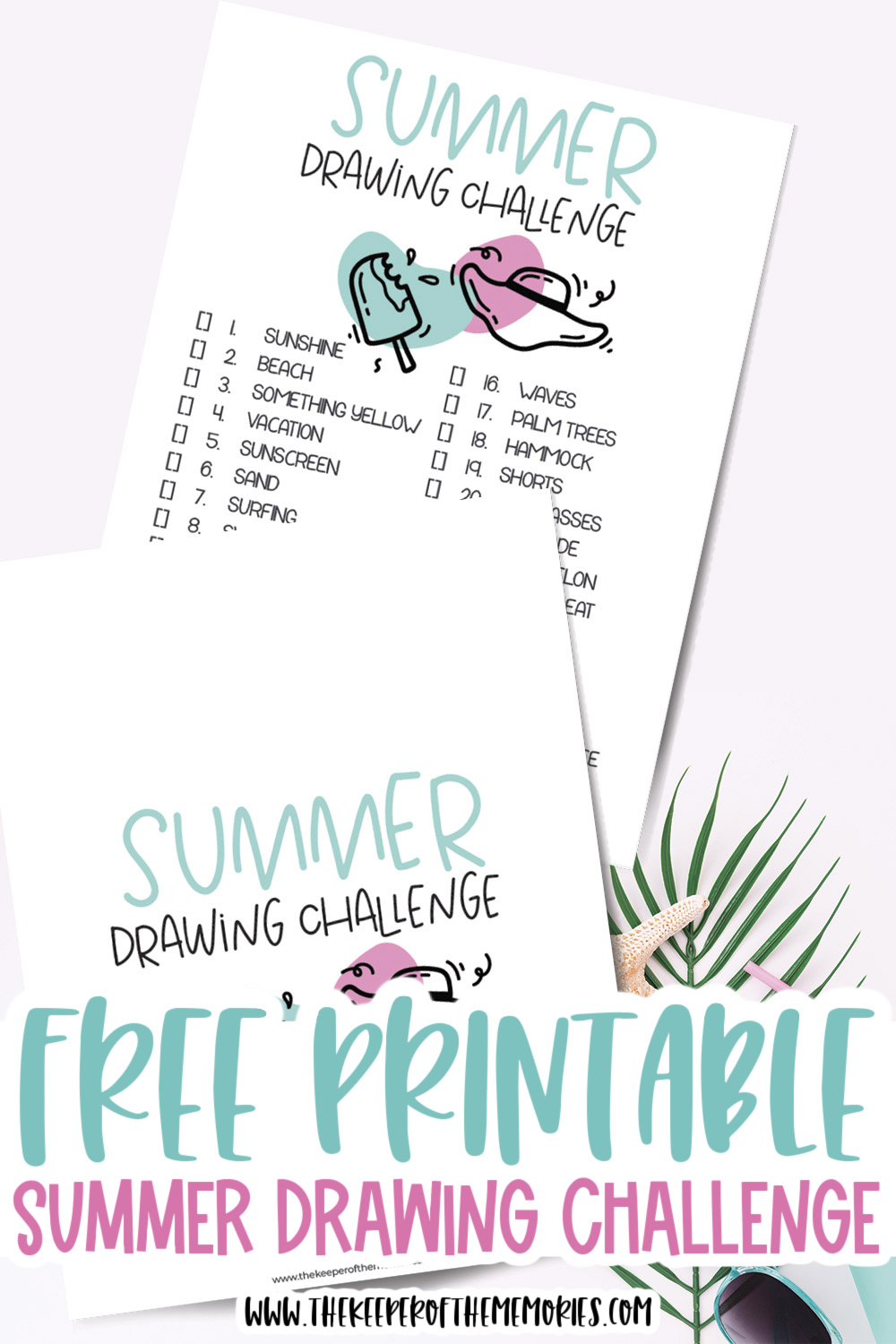 summer drawing challenge printables on stylized background with text: Free Printable Summer Drawing Challenge
