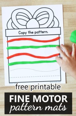 Free printable pattern presents Christmas fine motor play dough mats for preschool and kindergarten