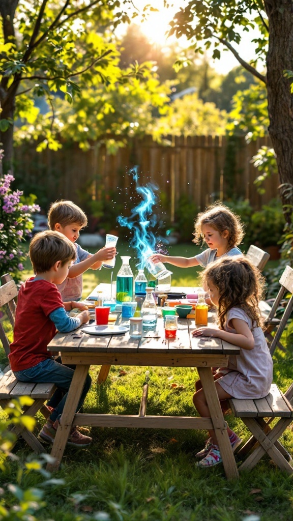 Children experimenting with colorful liquids at a backyard science station.